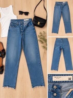 rag & bone Raw-Hem Straight Leg Jeans in Medium Blue